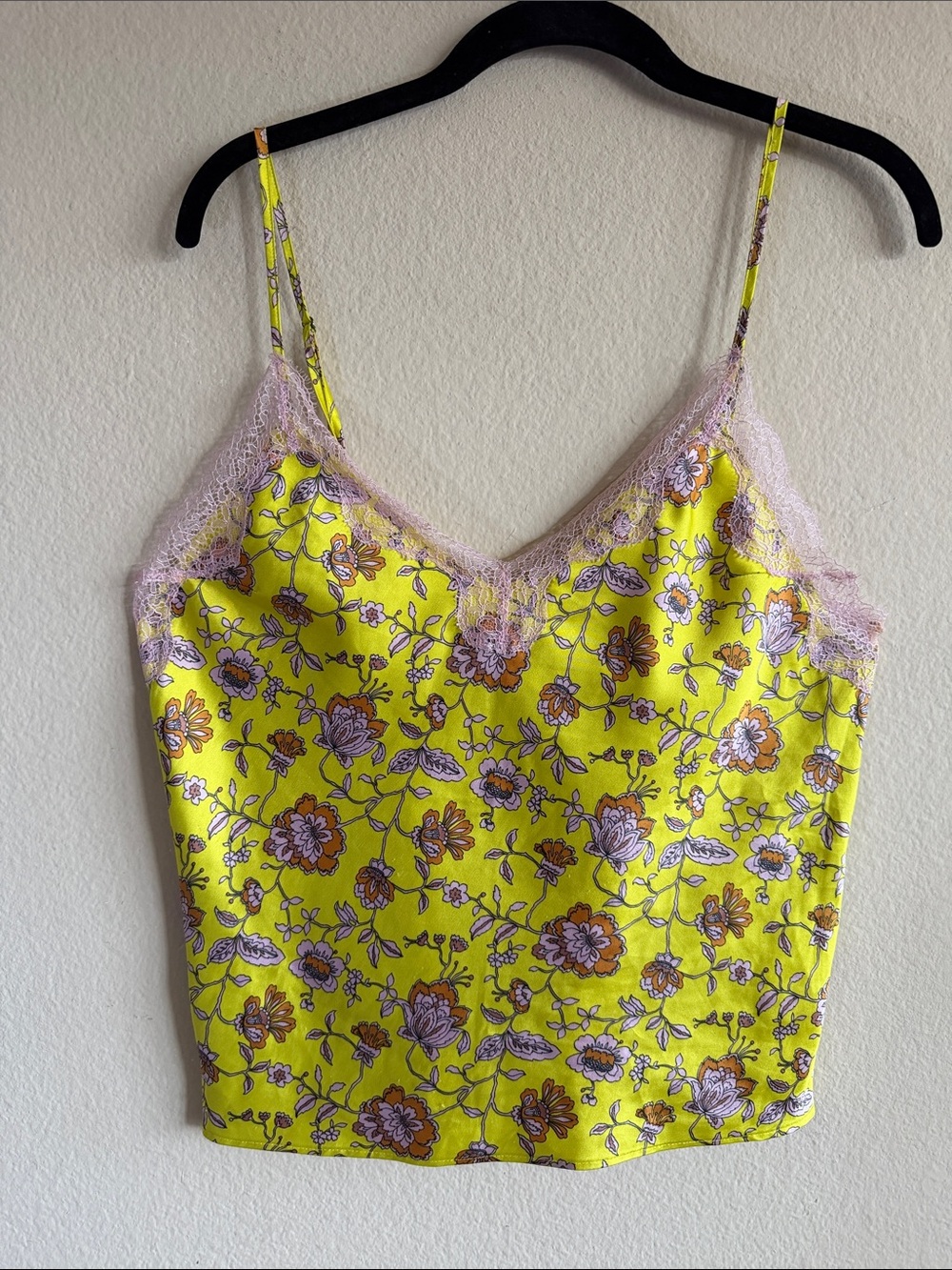 Victoria's Secret Neon Yellow Pink Lace Trim Floral Camisole